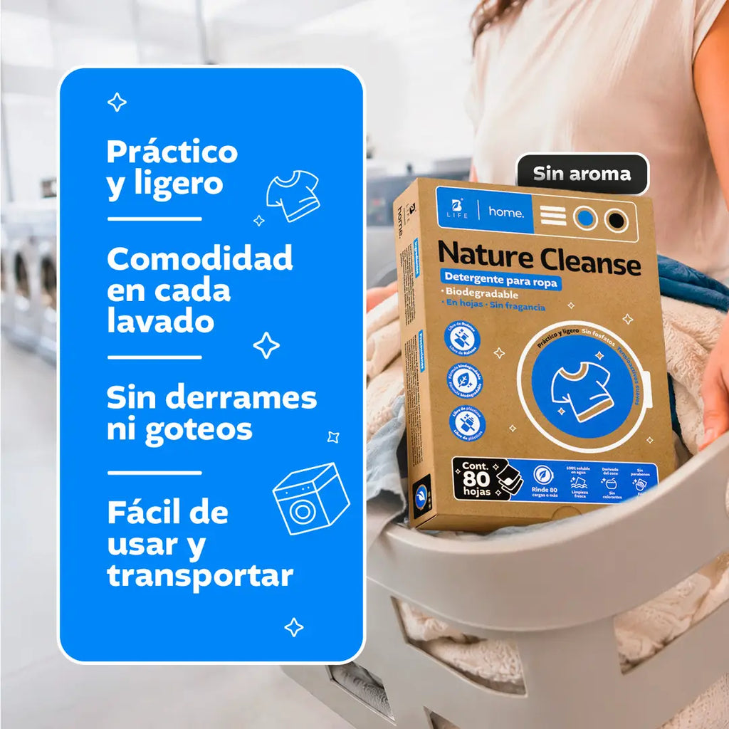 Detergente para ropa en hojas | Nature Cleanse | Fórmula Biodegradable | 80 Hojas